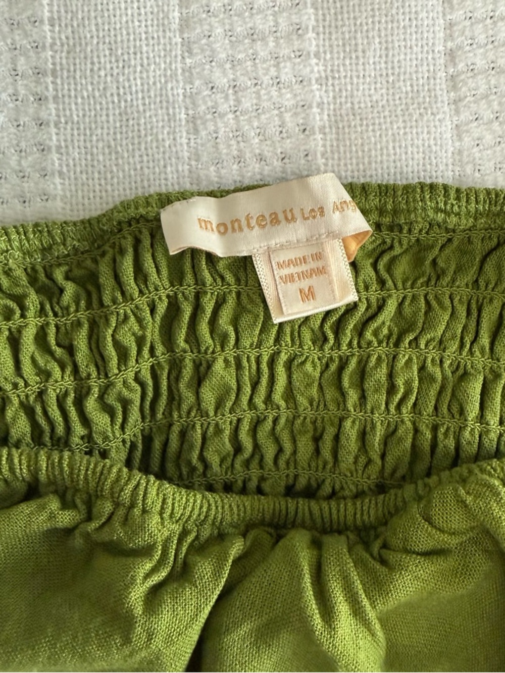 Monteau Bright Olive Green Linen Blend Set with cropped Smocked Ruffled Top - Picture 7 of 11